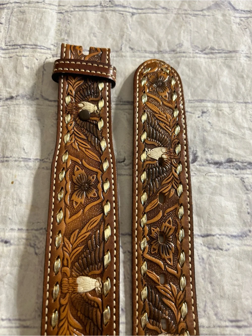 LOT OF (2) EMBOSSED WESTERN LEATHER BUCKLE LESS BELTS SNAP BROWN 36/38